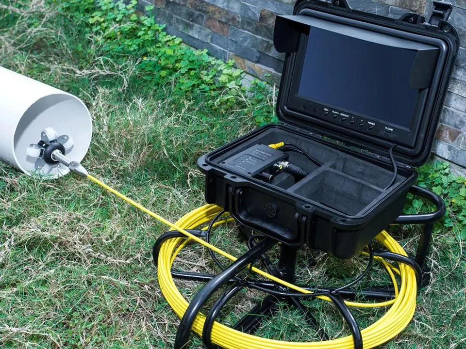 Equipo de cámara de inspección con maletín, pantalla y carrete de cable amarillo, con la cámara entrando a un tubo de PVC en un jardín