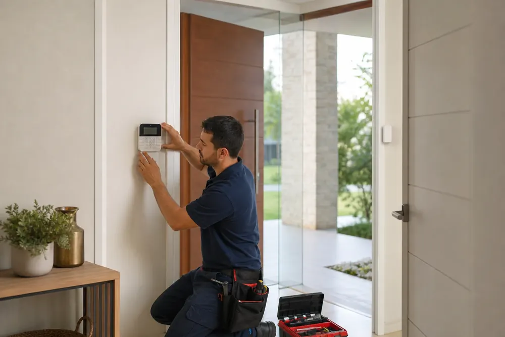 Técnico instalando el teclado de una alarma junto a la puerta