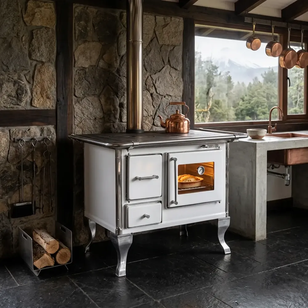 Cocina a leña blanca con el horno encendido y su cañón de acero