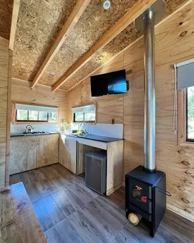 Estufa a leña instalada en una cabaña de madera, con cañón de acero recto hasta el cielo