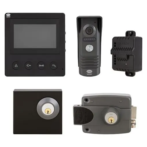Kit de videoportero con monitor, frente de calle, fuente y cerradura eléctrica